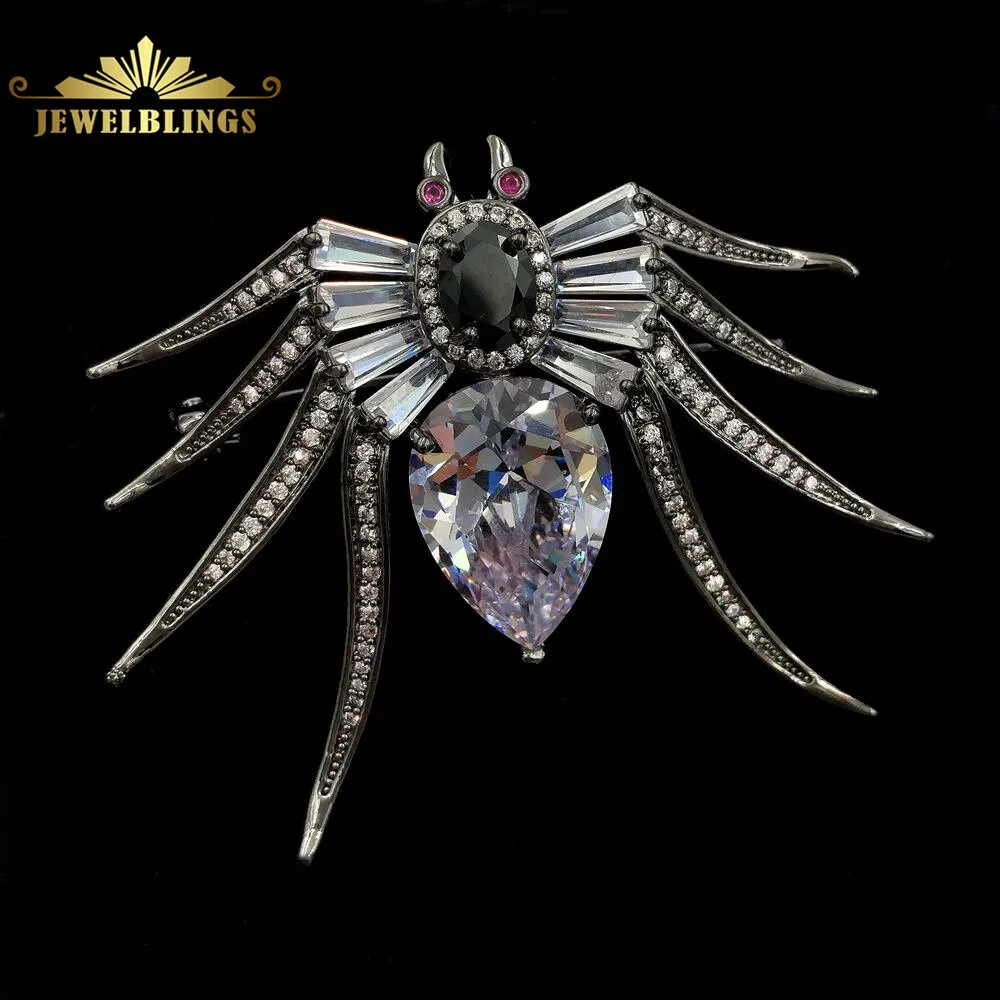 Jewelblings Antique Baguette Cut Pear & Oval CZ Eight-Legged Red Eyes Black Spider Brooches Pin
