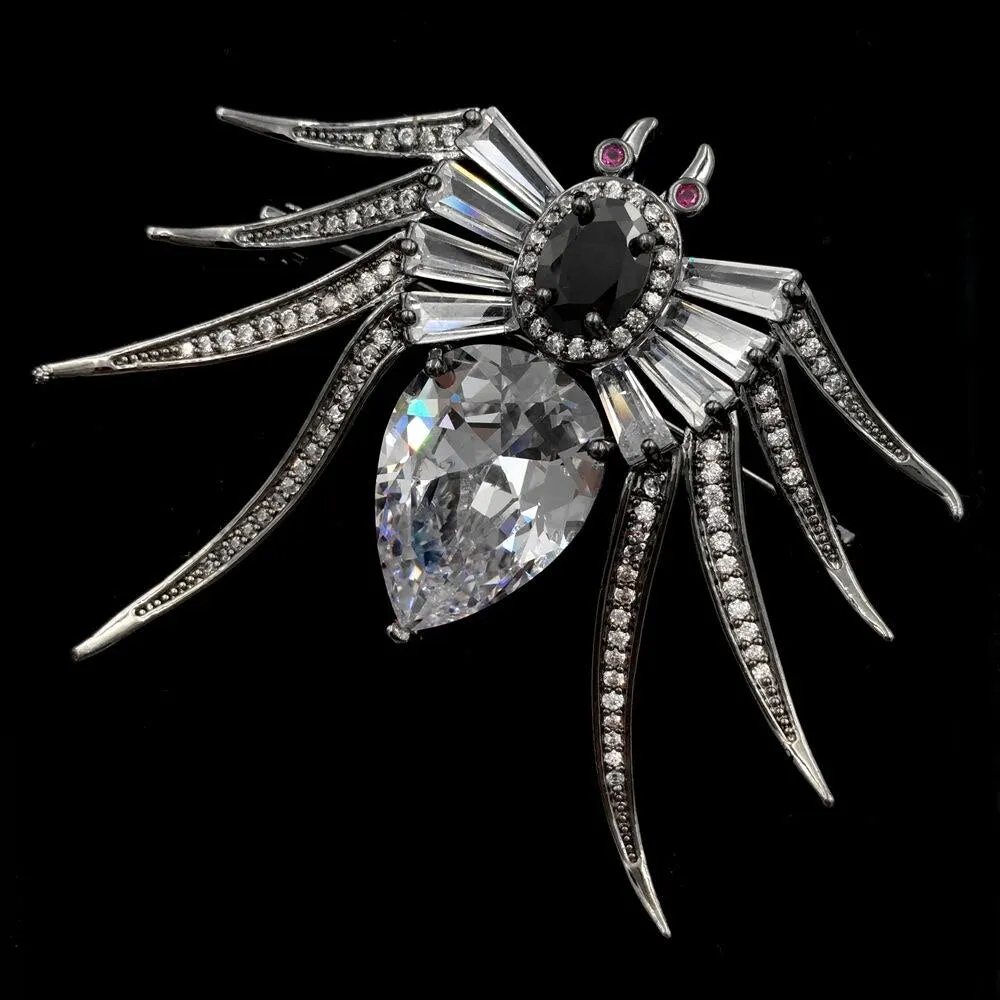 Jewelblings Antique Baguette Cut Pear & Oval CZ Eight-Legged Red Eyes Black Spider Brooches Pin