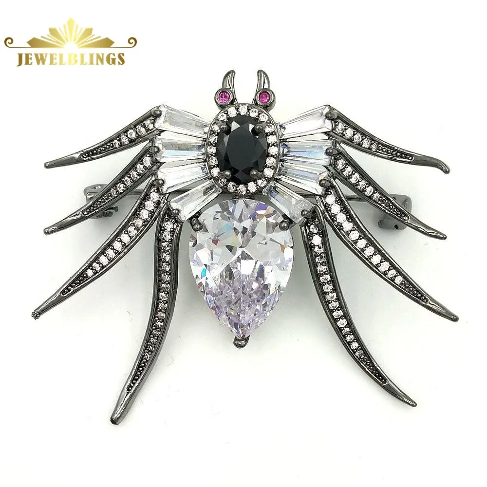 Jewelblings Antique Baguette Cut Pear & Oval CZ Eight-Legged Red Eyes Black Spider Brooches Pin