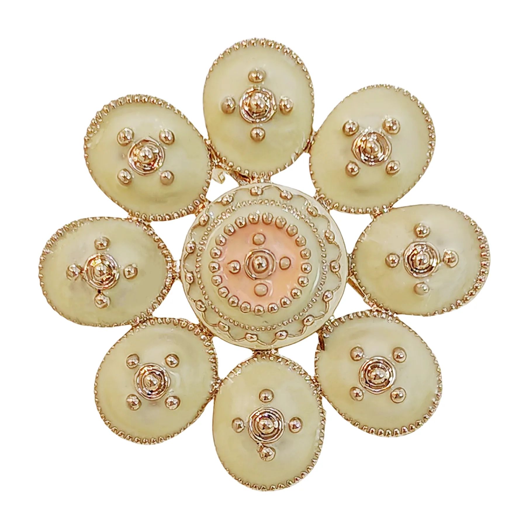 Jewelblings Elegancy Golden Beads White Enamel Round Flower Brooches Pins Decoration DIY Project Business Suit Formal Dress Gown Accessory