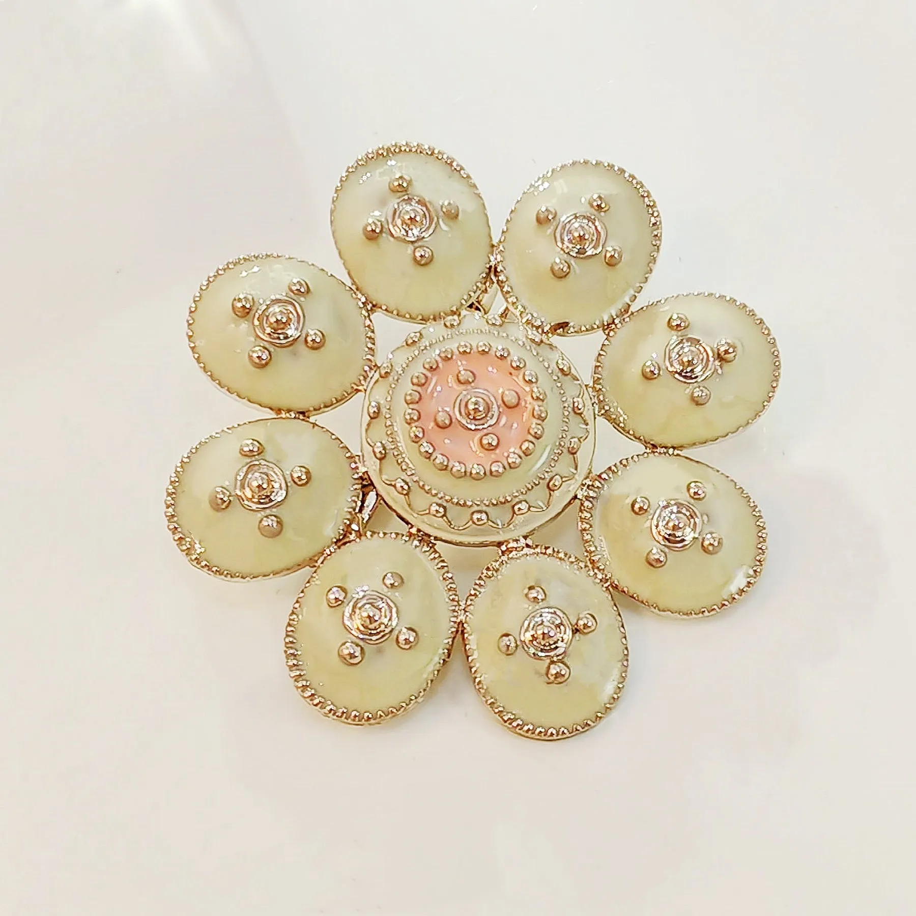Jewelblings Elegancy Golden Beads White Enamel Round Flower Brooches Pins Decoration DIY Project Business Suit Formal Dress Gown Accessory