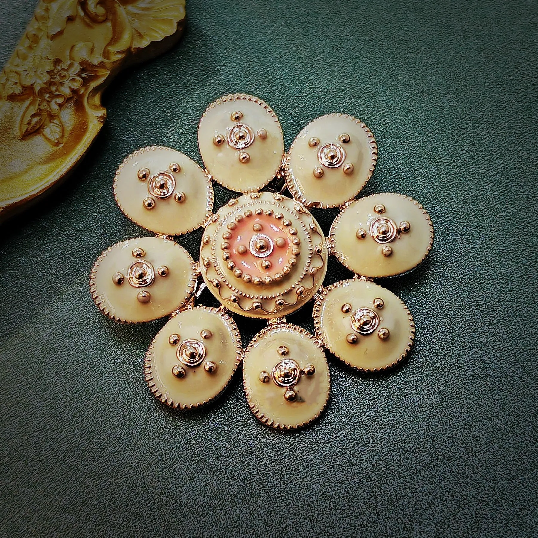 Jewelblings Elegancy Golden Beads White Enamel Round Flower Brooches Pins Decoration DIY Project Business Suit Formal Dress Gown Accessory