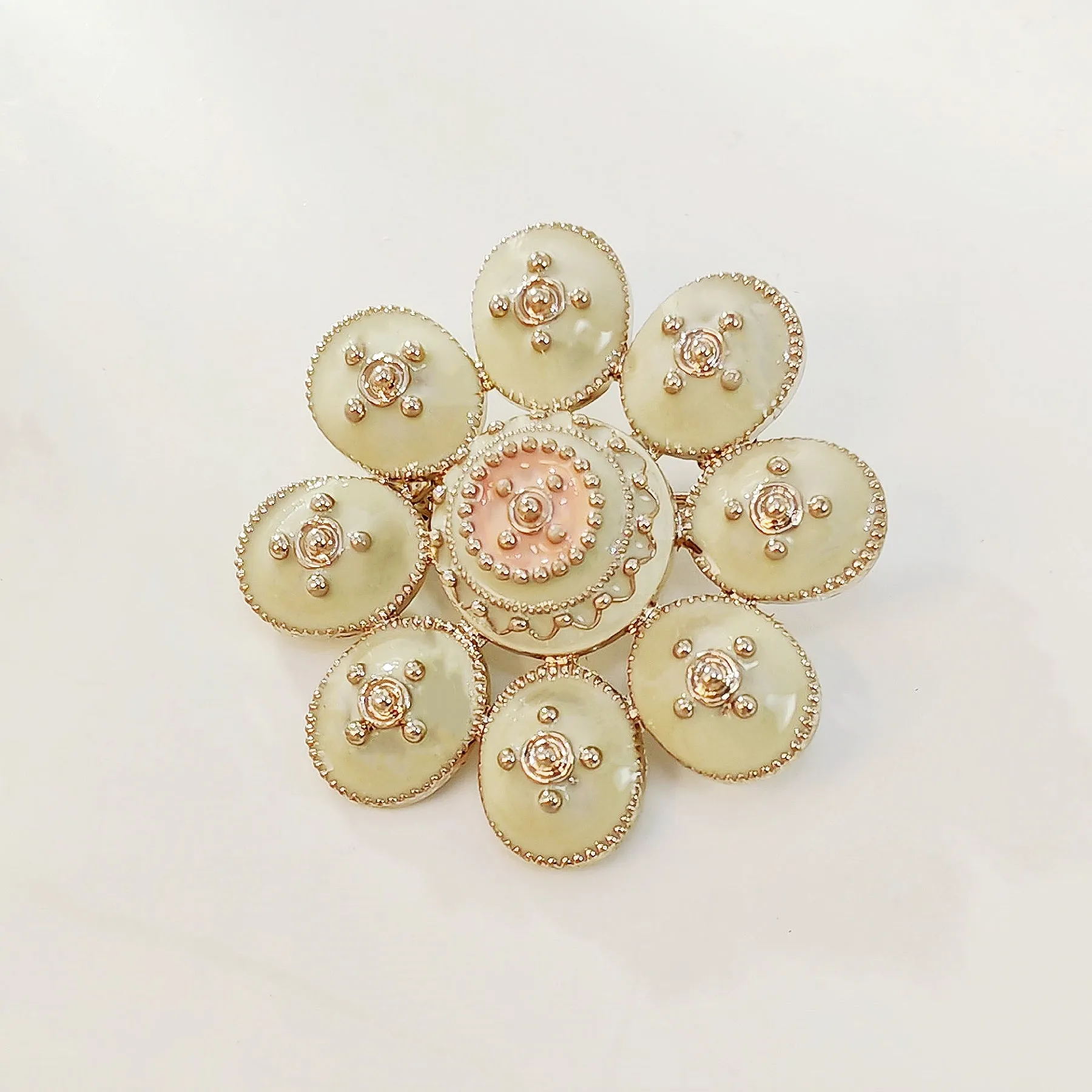 Jewelblings Elegancy Golden Beads White Enamel Round Flower Brooches Pins Decoration DIY Project Business Suit Formal Dress Gown Accessory