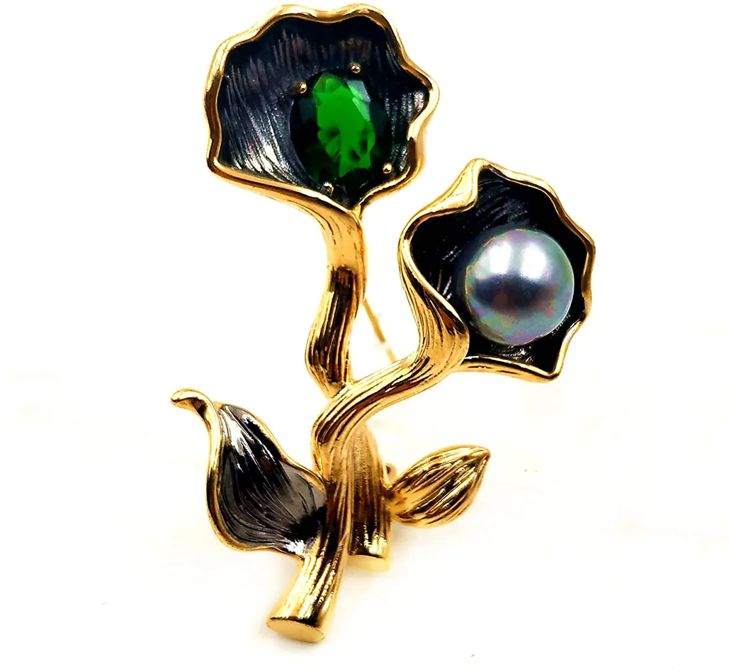 Jewelblings  Exquisite Vintage Golden Twist Stem Green Stone & Imitated Pearl Double Flower Brooches Pins Garden Party Jewelry