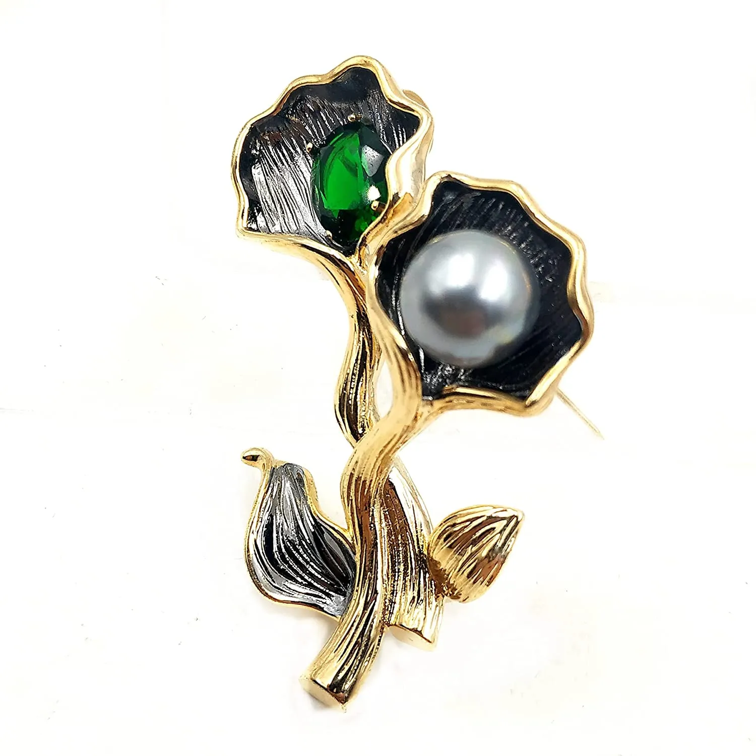 Jewelblings  Exquisite Vintage Golden Twist Stem Green Stone & Imitated Pearl Double Flower Brooches Pins Garden Party Jewelry