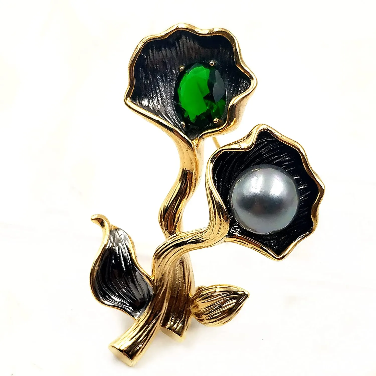 Jewelblings  Exquisite Vintage Golden Twist Stem Green Stone & Imitated Pearl Double Flower Brooches Pins Garden Party Jewelry