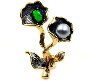 Jewelblings  Exquisite Vintage Golden Twist Stem Green Stone & Imitated Pearl Double Flower Brooches Pins Garden Party Jewelry
