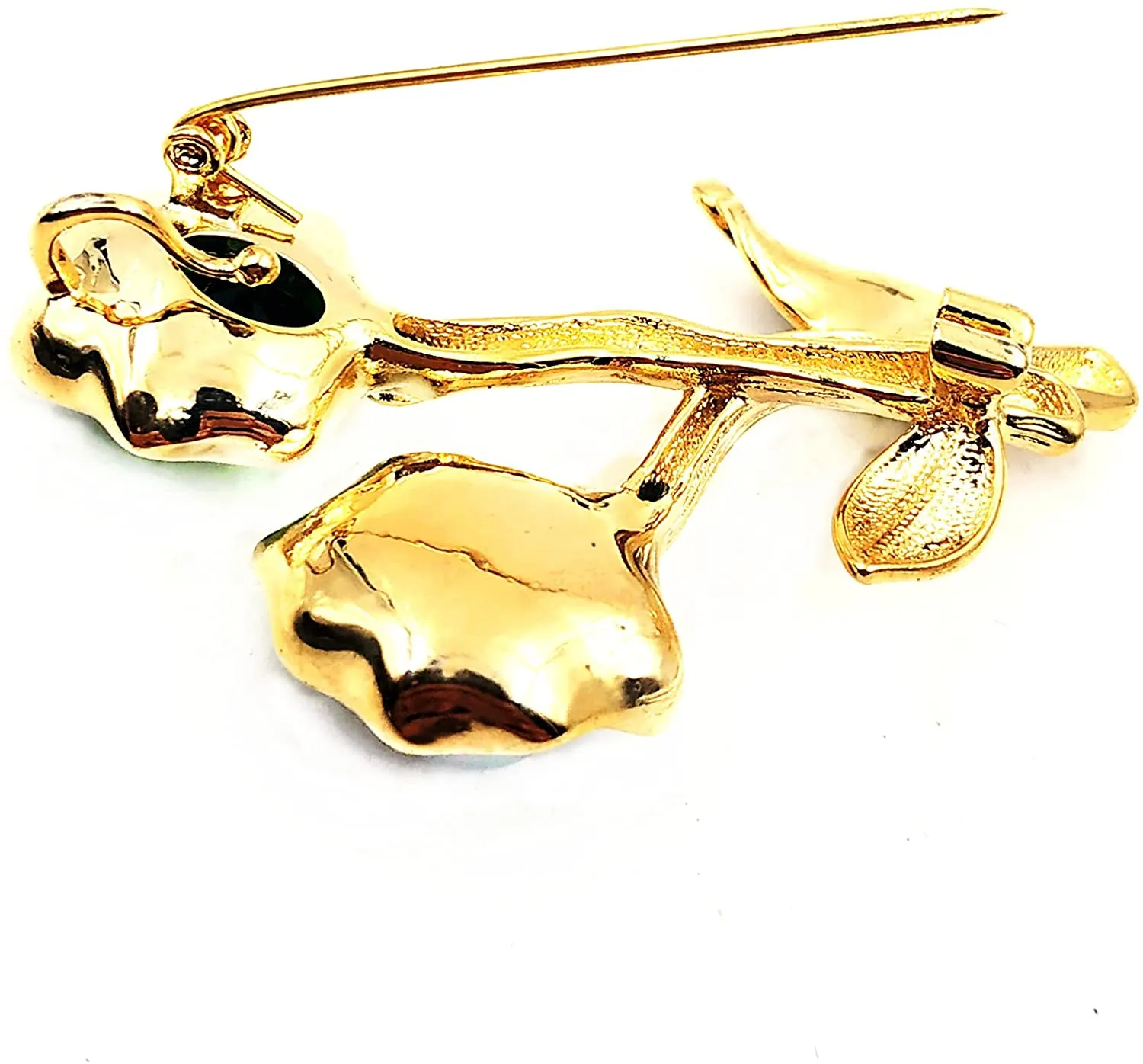 Jewelblings  Exquisite Vintage Golden Twist Stem Green Stone & Imitated Pearl Double Flower Brooches Pins Garden Party Jewelry