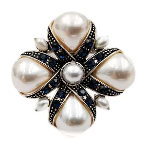 Jewelblings Royal Vintage Blue Crystal Ribbon & Imitated Pear Shaped Pearl Cross Brooches Pins Classic Religious Jewelry for Women Outfit