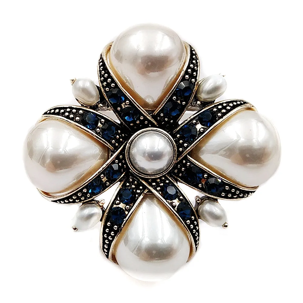Jewelblings Royal Vintage Blue Crystal Ribbon & Imitated Pear Shaped Pearl Cross Brooches Pins Classic Religious Jewelry for Women Outfit