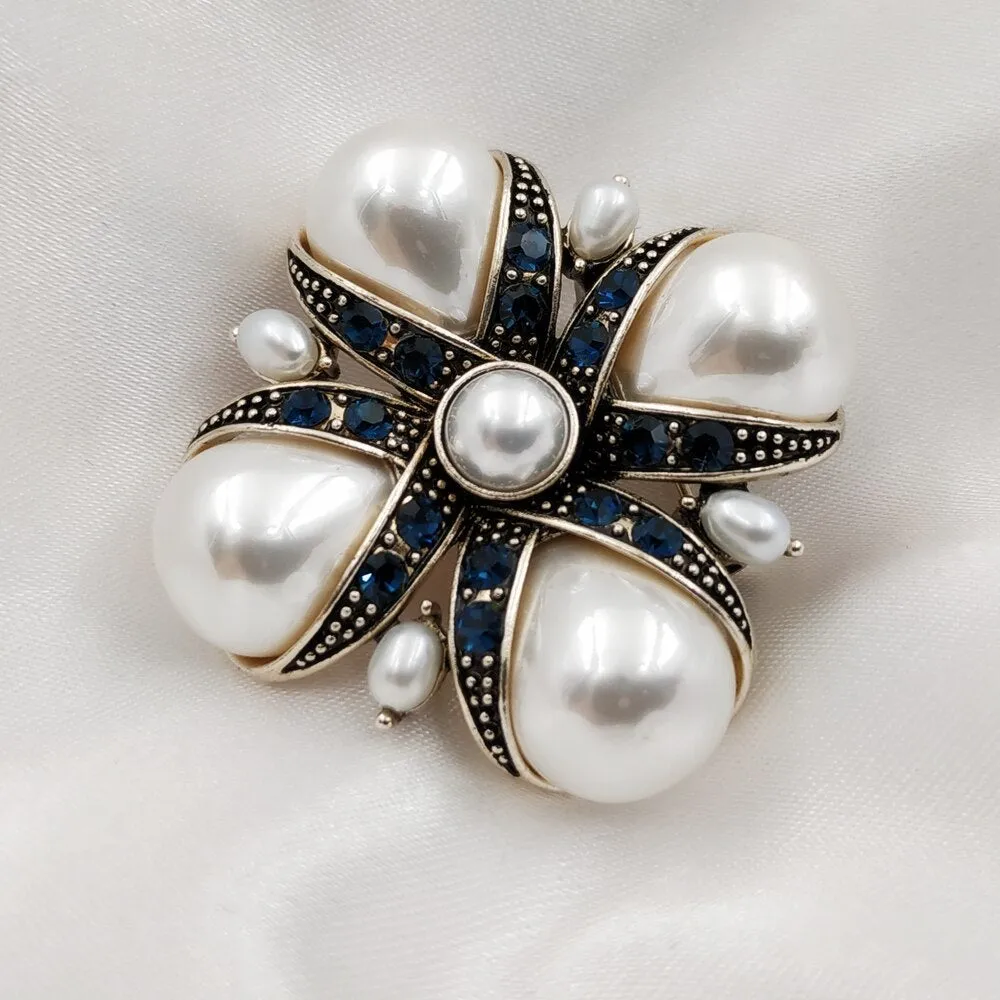 Jewelblings Royal Vintage Blue Crystal Ribbon & Imitated Pear Shaped Pearl Cross Brooches Pins Classic Religious Jewelry for Women Outfit