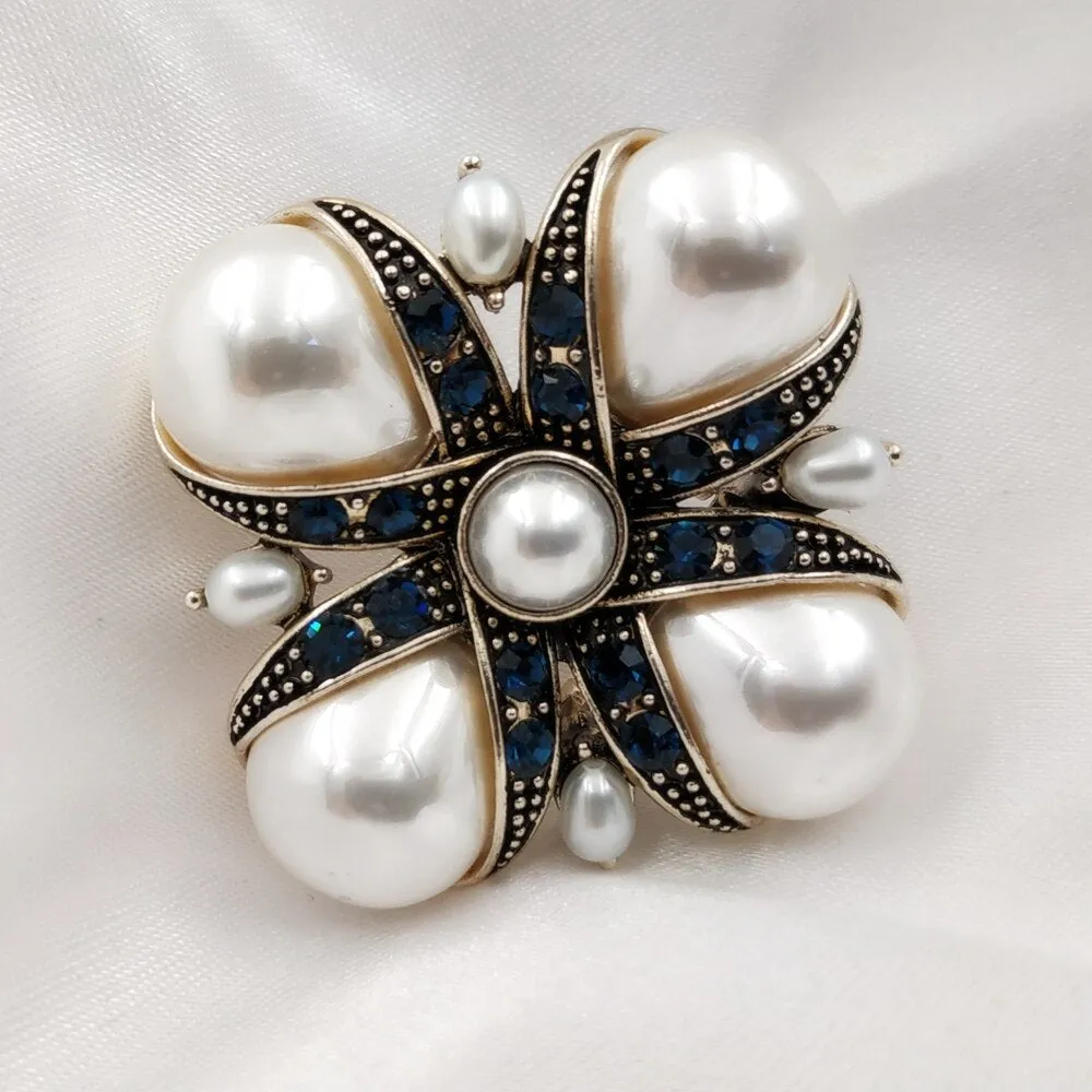 Jewelblings Royal Vintage Blue Crystal Ribbon & Imitated Pear Shaped Pearl Cross Brooches Pins Classic Religious Jewelry for Women Outfit