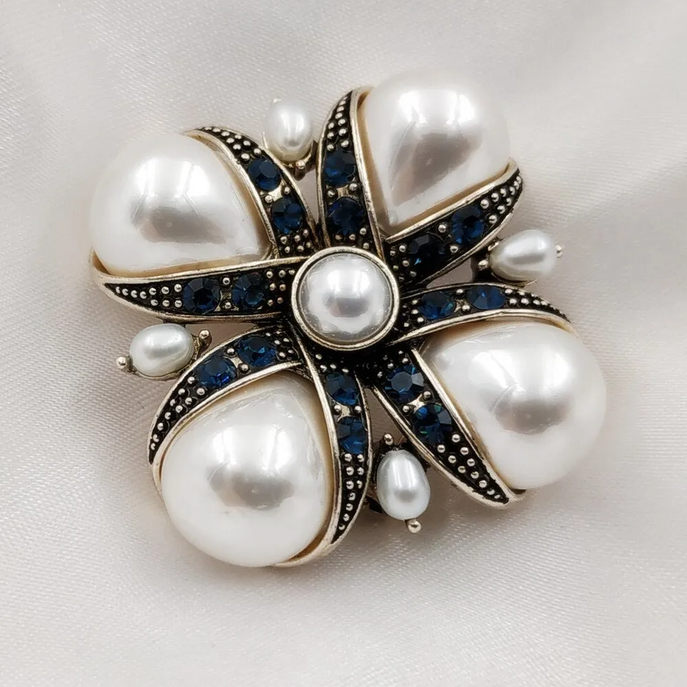 Jewelblings Royal Vintage Blue Crystal Ribbon & Imitated Pear Shaped Pearl Cross Brooches Pins Classic Religious Jewelry for Women Outfit