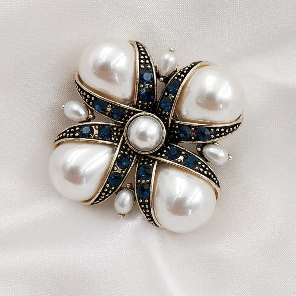 Jewelblings Royal Vintage Blue Crystal Ribbon & Imitated Pear Shaped Pearl Cross Brooches Pins Classic Religious Jewelry for Women Outfit
