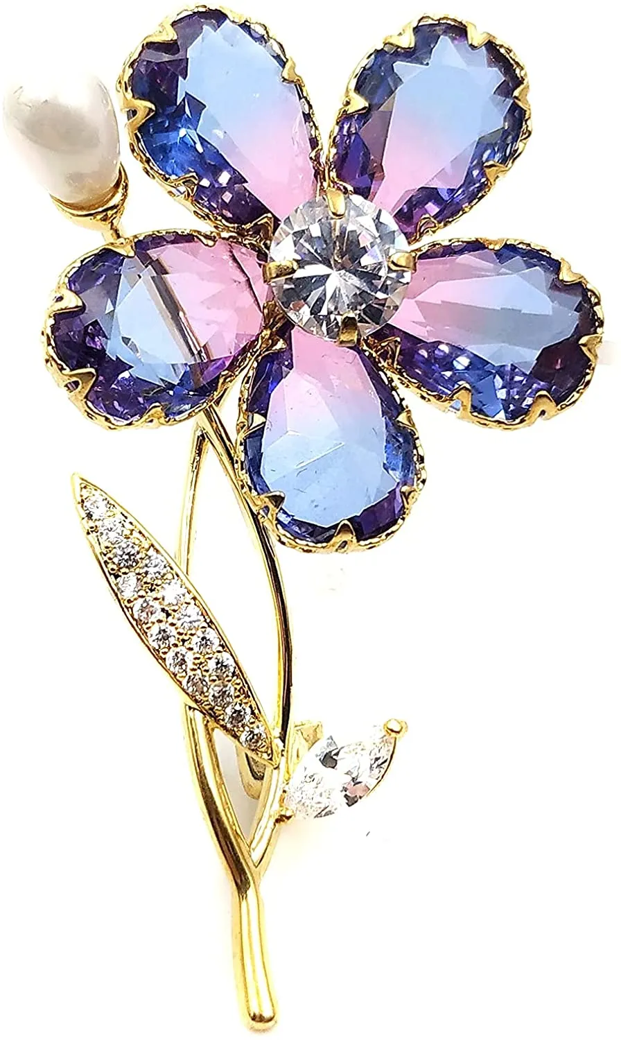 Jewelblings Stunning Purple Blue Cubic Zirconia Five Petal Flower Brooches Pins Two Tone Jewelry