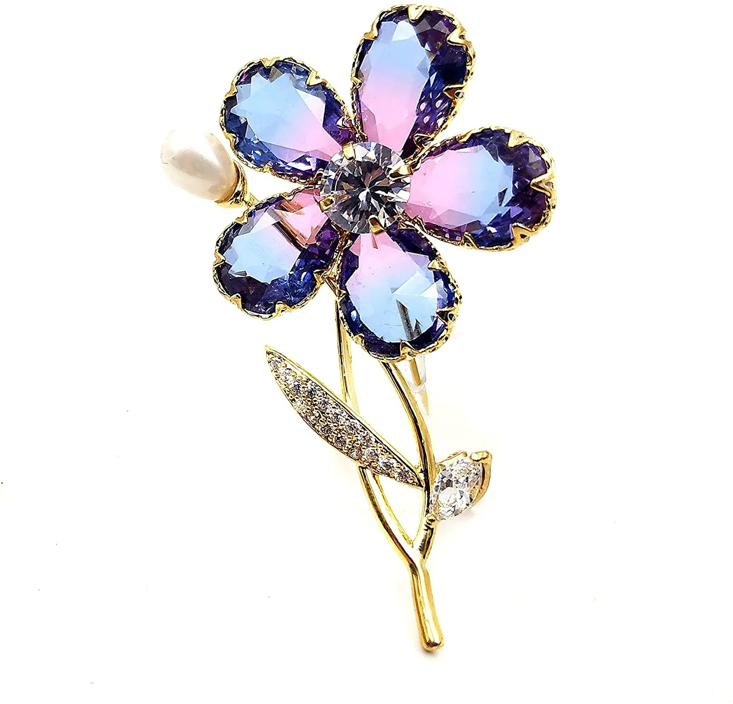 Jewelblings Stunning Purple Blue Cubic Zirconia Five Petal Flower Brooches Pins Two Tone Jewelry