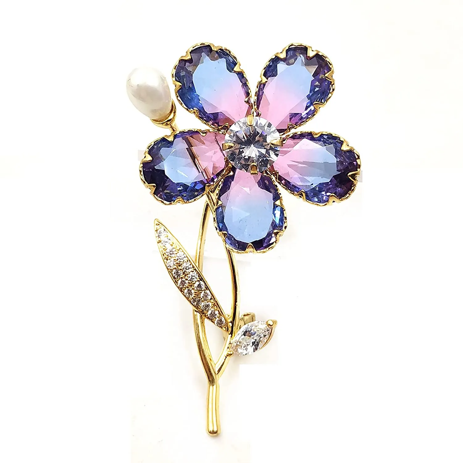 Jewelblings Stunning Purple Blue Cubic Zirconia Five Petal Flower Brooches Pins Two Tone Jewelry