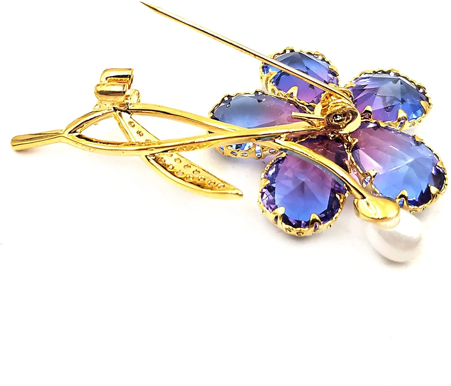 Jewelblings Stunning Purple Blue Cubic Zirconia Five Petal Flower Brooches Pins Two Tone Jewelry