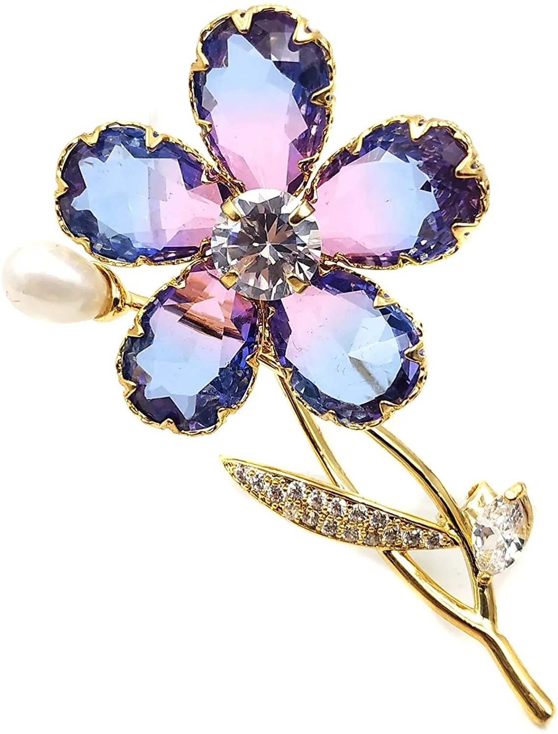 Jewelblings Stunning Purple Blue Cubic Zirconia Five Petal Flower Brooches Pins Two Tone Jewelry