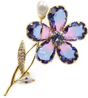 Jewelblings Stunning Purple Blue Cubic Zirconia Five Petal Flower Brooches Pins Two Tone Jewelry