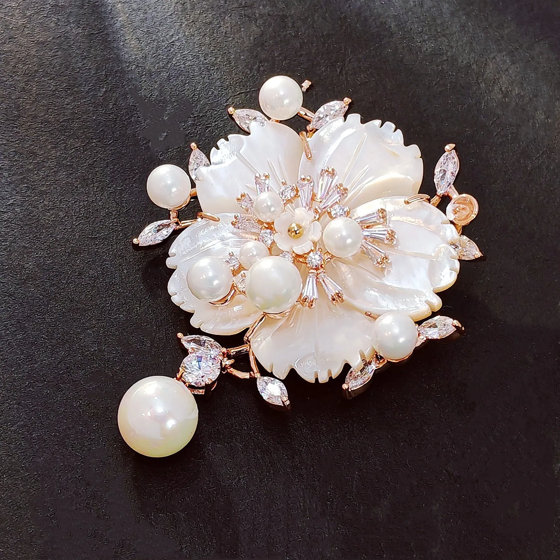 Jewelblings Stunning Vintage White Mother of Pearl Flower Brooches CZ Marquise Rose Gold Tone Pistil Plum Blossom Sakura Pins Broach Jewelry
