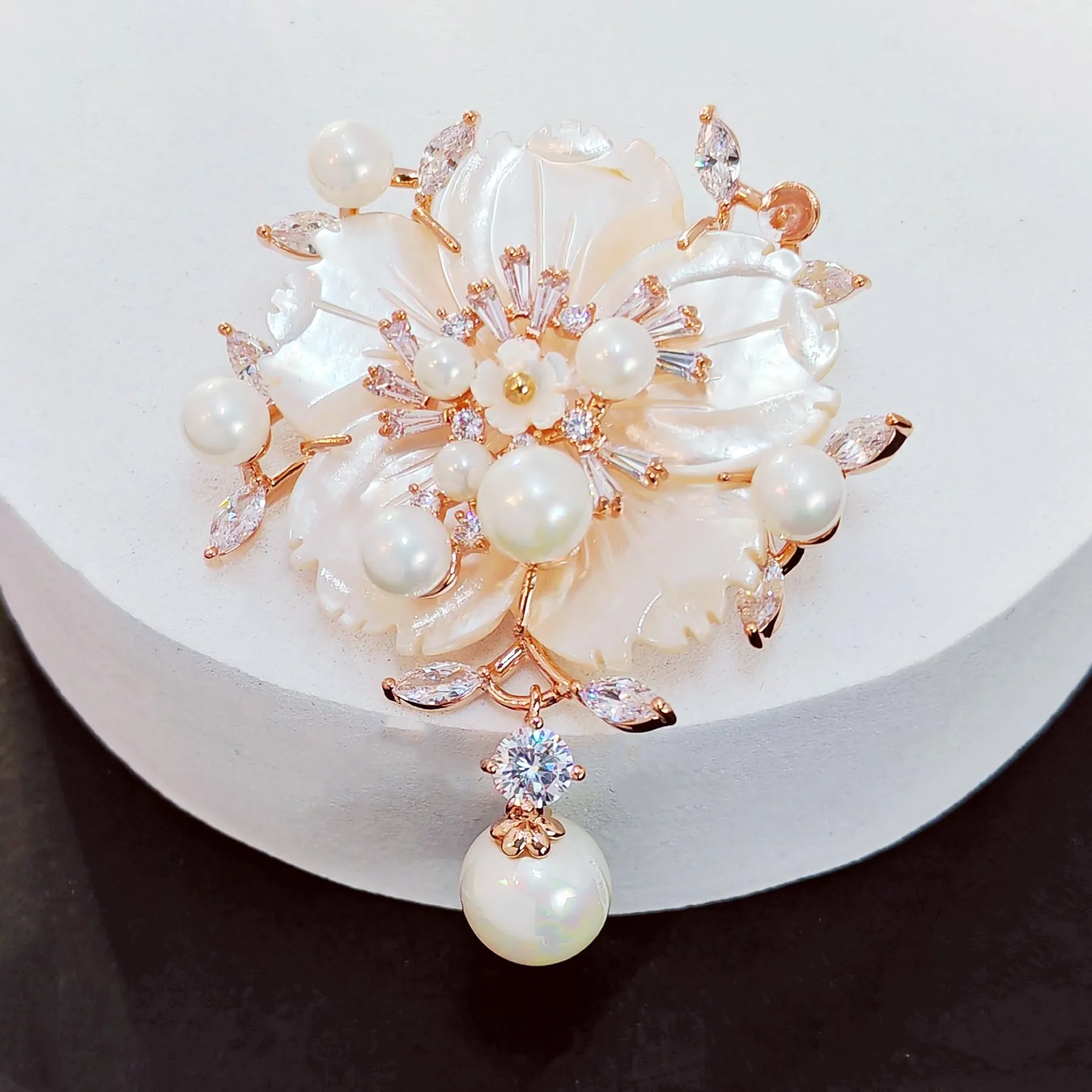 Jewelblings Stunning Vintage White Mother of Pearl Flower Brooches CZ Marquise Rose Gold Tone Pistil Plum Blossom Sakura Pins Broach Jewelry