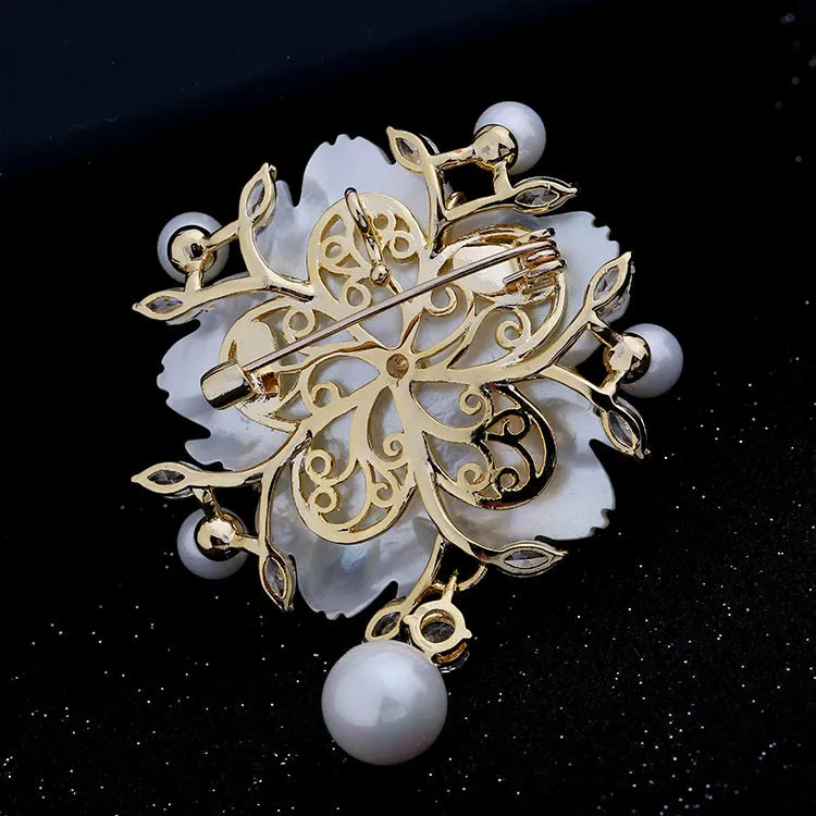 Jewelblings Stunning Vintage White Mother of Pearl Flower Brooches CZ Marquise Rose Gold Tone Pistil Plum Blossom Sakura Pins Broach Jewelry