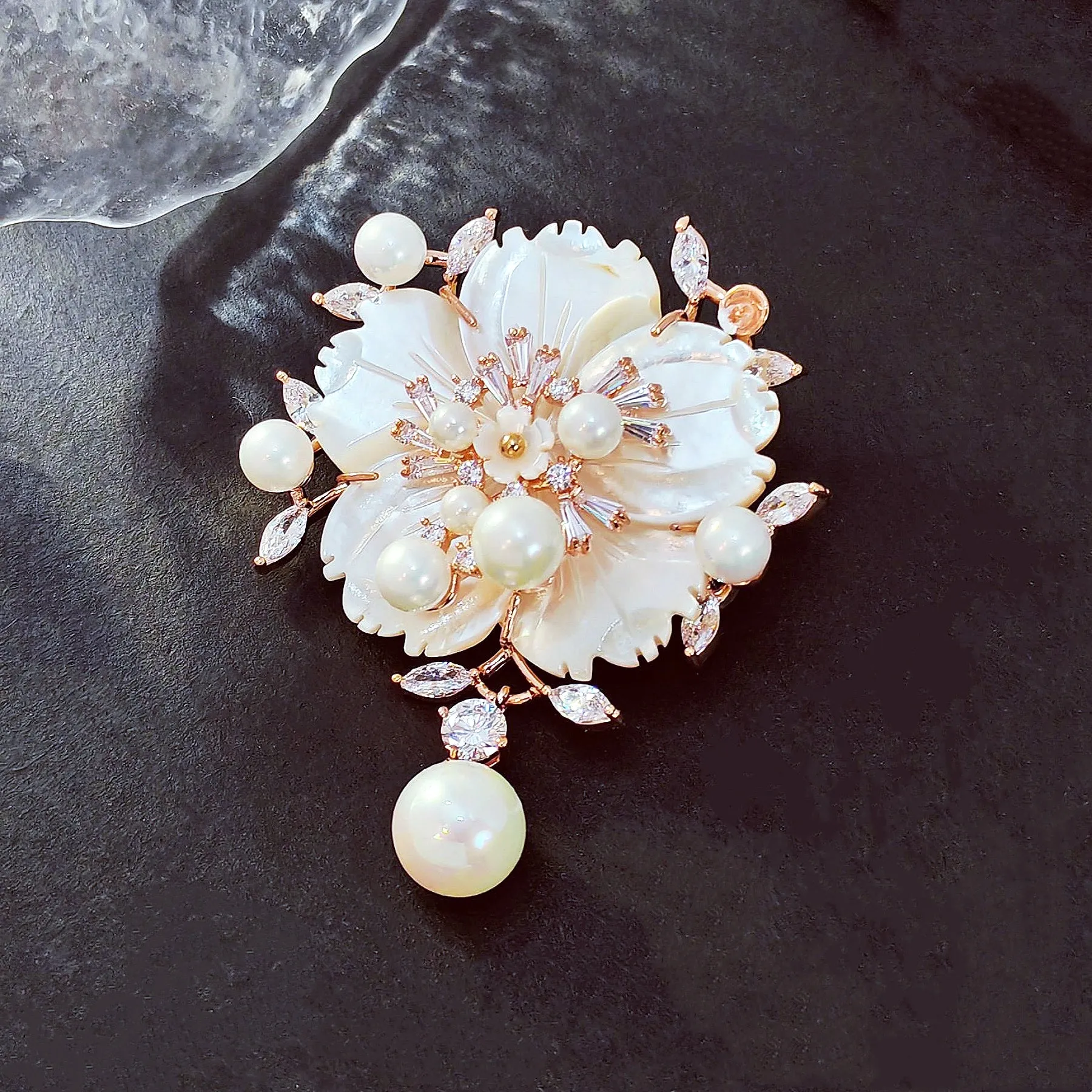 Jewelblings Stunning Vintage White Mother of Pearl Flower Brooches CZ Marquise Rose Gold Tone Pistil Plum Blossom Sakura Pins Broach Jewelry