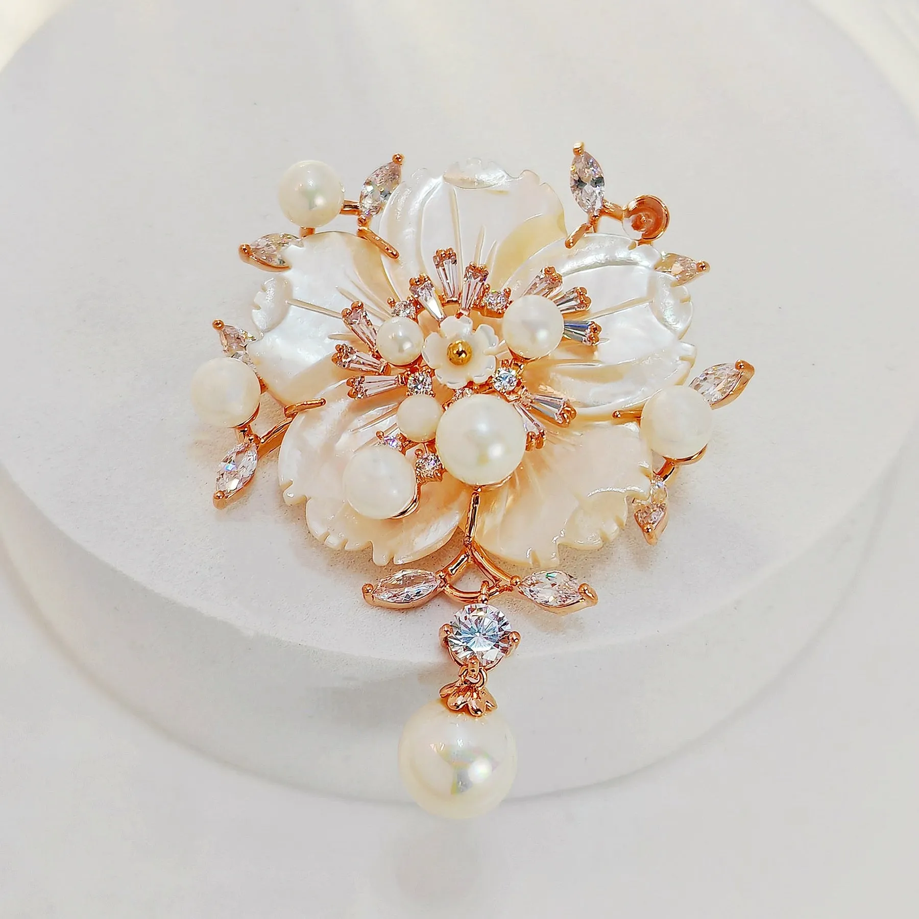 Jewelblings Stunning Vintage White Mother of Pearl Flower Brooches CZ Marquise Rose Gold Tone Pistil Plum Blossom Sakura Pins Broach Jewelry