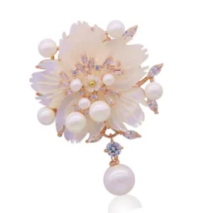 Jewelblings Stunning Vintage White Mother of Pearl Flower Brooches CZ Marquise Rose Gold Tone Pistil Plum Blossom Sakura Pins Broach Jewelry