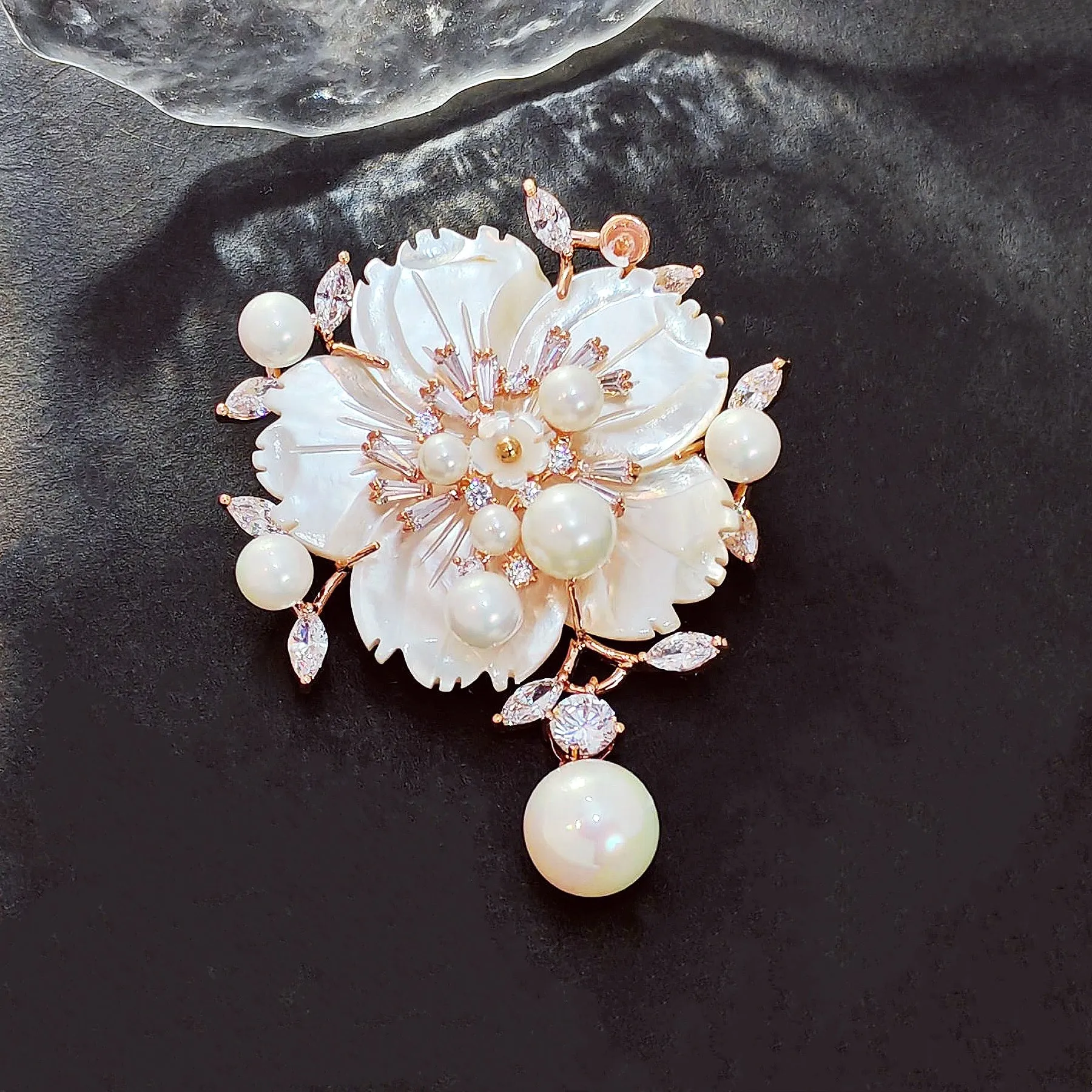 Jewelblings Stunning Vintage White Mother of Pearl Flower Brooches CZ Marquise Rose Gold Tone Pistil Plum Blossom Sakura Pins Broach Jewelry