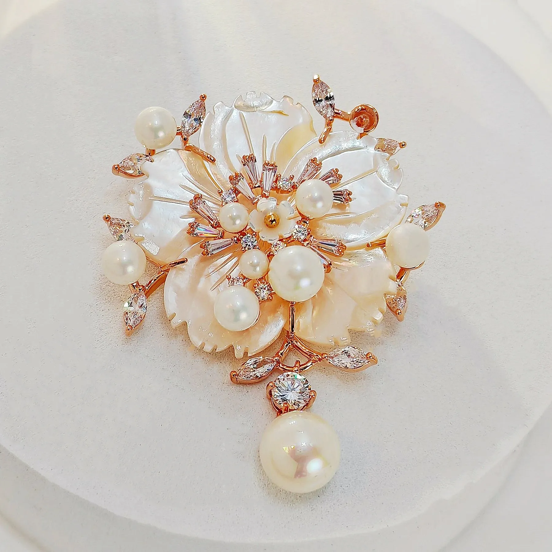 Jewelblings Stunning Vintage White Mother of Pearl Flower Brooches CZ Marquise Rose Gold Tone Pistil Plum Blossom Sakura Pins Broach Jewelry