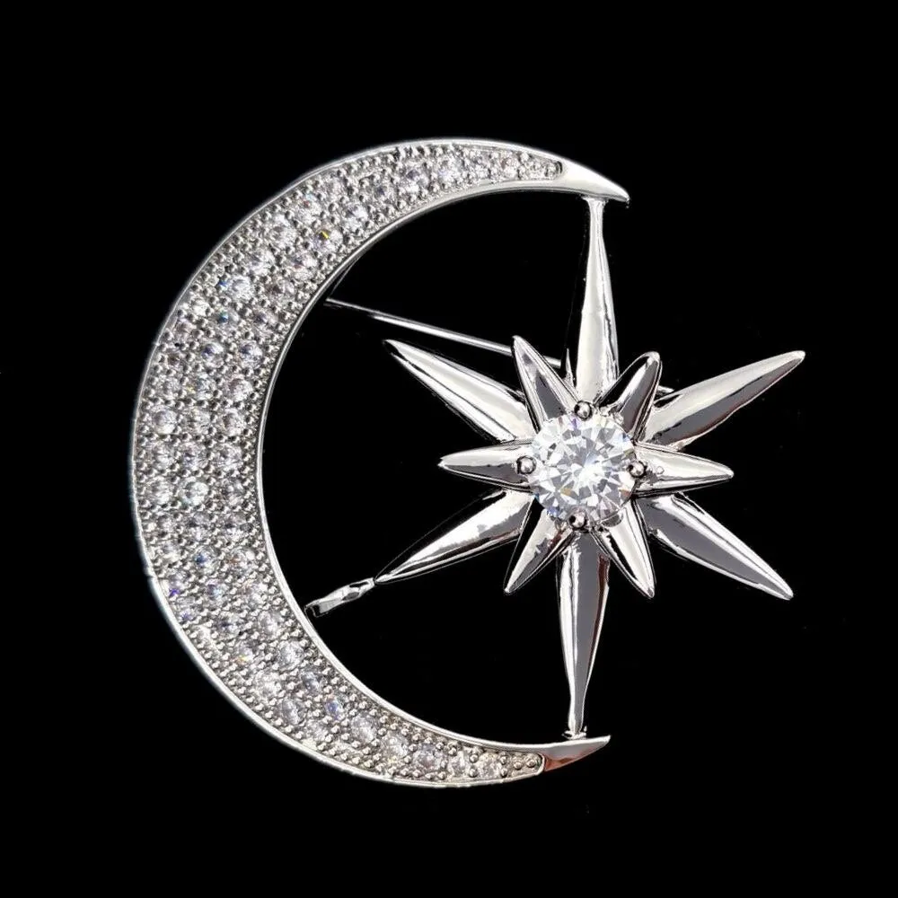 Jewelblings Victorian Antique Hardware Pave Clear CZ Star Crescent Moon Brooches Pins Unisex Planet Jewelry for Business Suit Formal Dress
