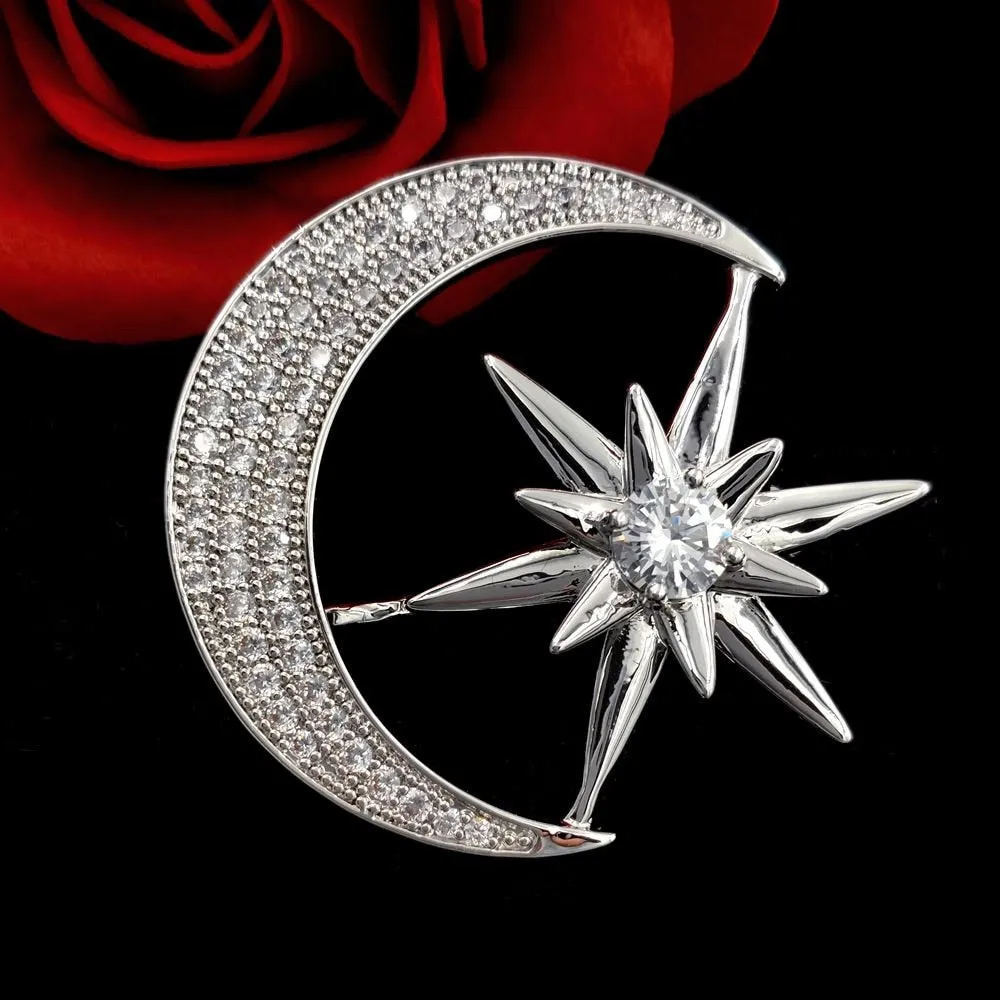 Jewelblings Victorian Antique Hardware Pave Clear CZ Star Crescent Moon Brooches Pins Unisex Planet Jewelry for Business Suit Formal Dress