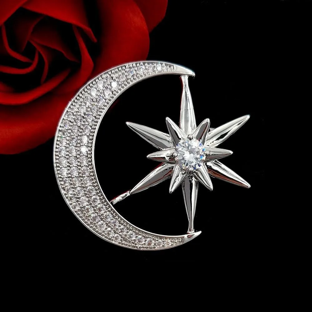 Jewelblings Victorian Antique Hardware Pave Clear CZ Star Crescent Moon Brooches Pins Unisex Planet Jewelry for Business Suit Formal Dress