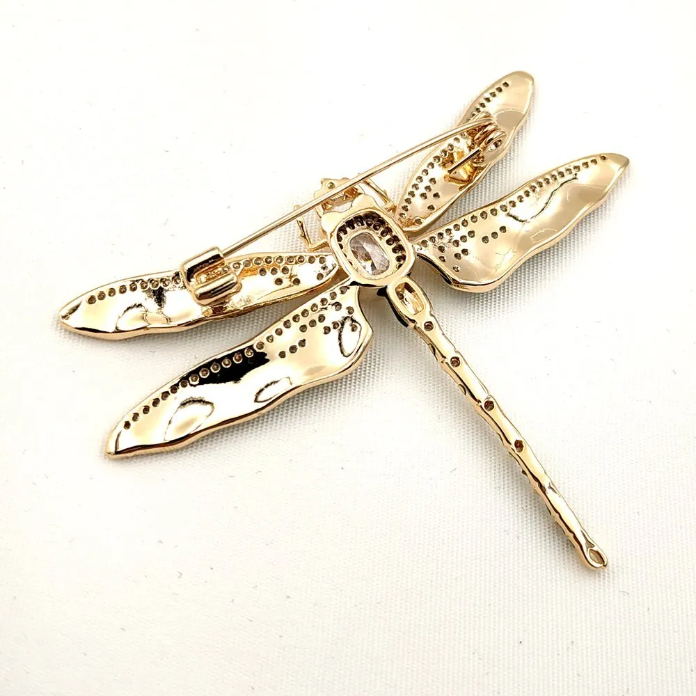 Jewelblings Vintage Green Enameled Oversize Dragonfly Brooches Gold Tone Micro Pave Crystal Winged Big Dragonfly Pins Unisex Insect Jewelry