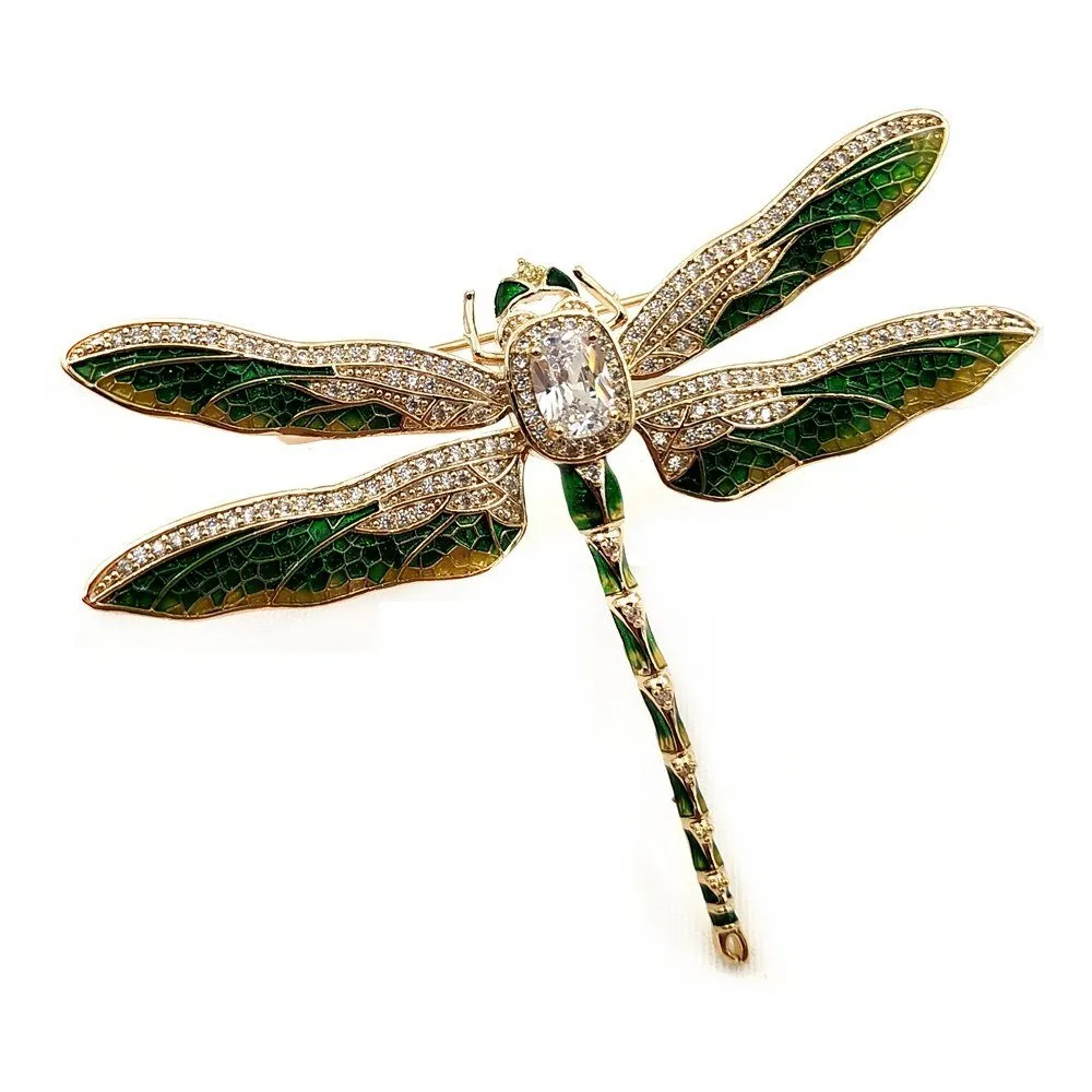 Jewelblings Vintage Green Enameled Oversize Dragonfly Brooches Gold Tone Micro Pave Crystal Winged Big Dragonfly Pins Unisex Insect Jewelry