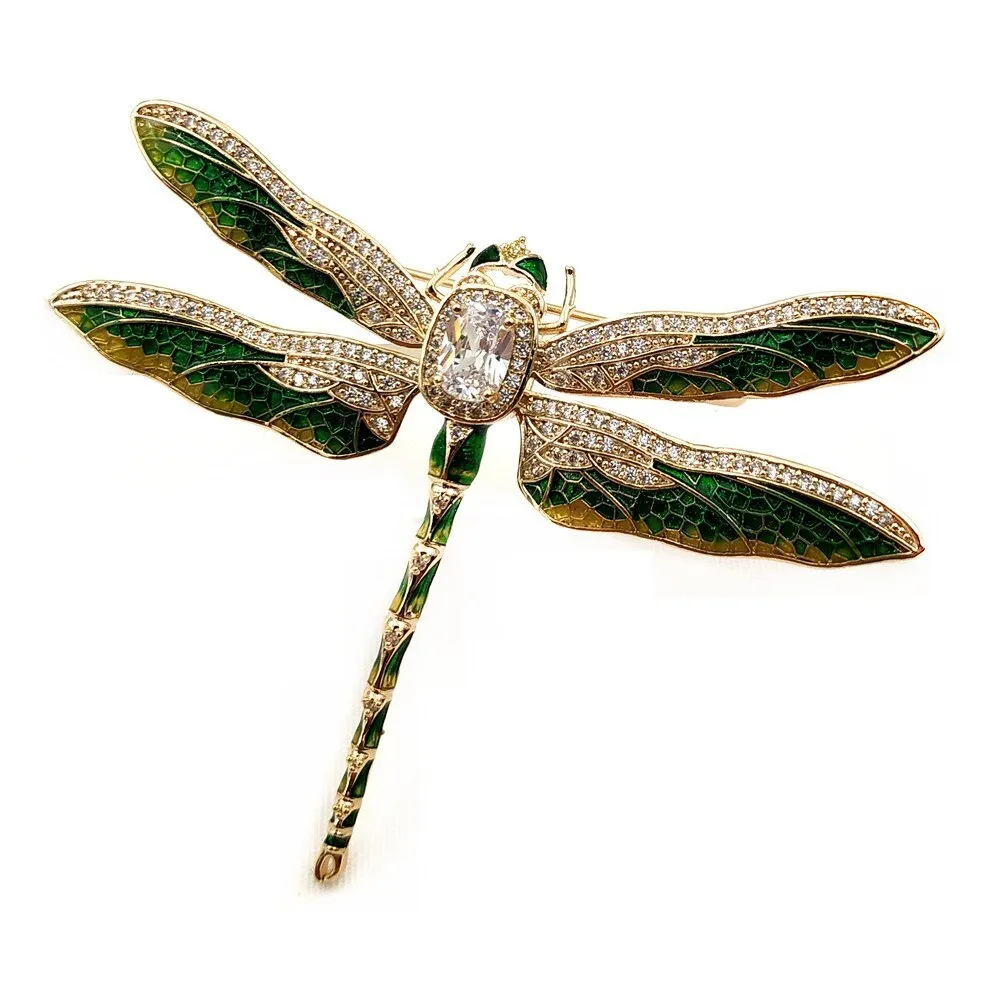 Jewelblings Vintage Green Enameled Oversize Dragonfly Brooches Gold Tone Micro Pave Crystal Winged Big Dragonfly Pins Unisex Insect Jewelry