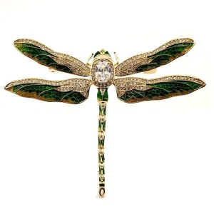 Jewelblings Vintage Green Enameled Oversize Dragonfly Brooches Gold Tone Micro Pave Crystal Winged Big Dragonfly Pins Unisex Insect Jewelry