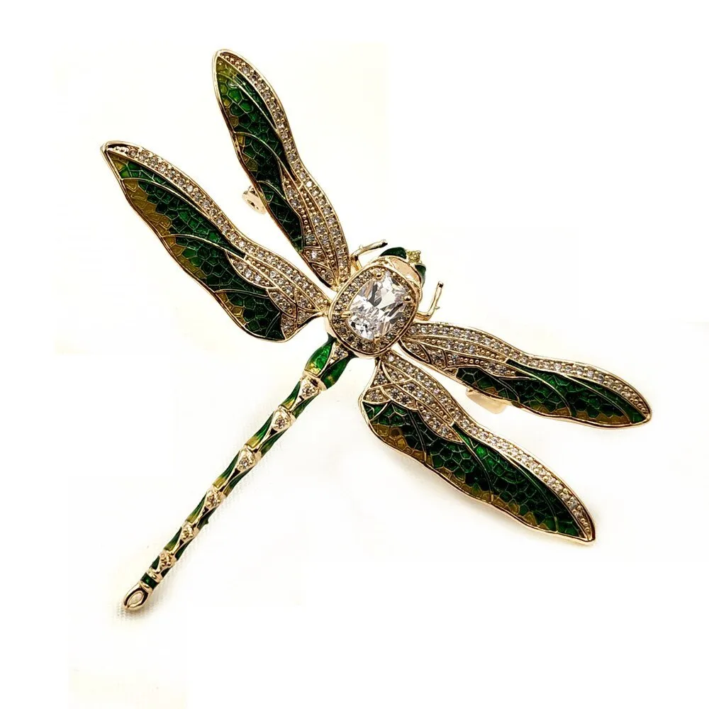 Jewelblings Vintage Green Enameled Oversize Dragonfly Brooches Gold Tone Micro Pave Crystal Winged Big Dragonfly Pins Unisex Insect Jewelry