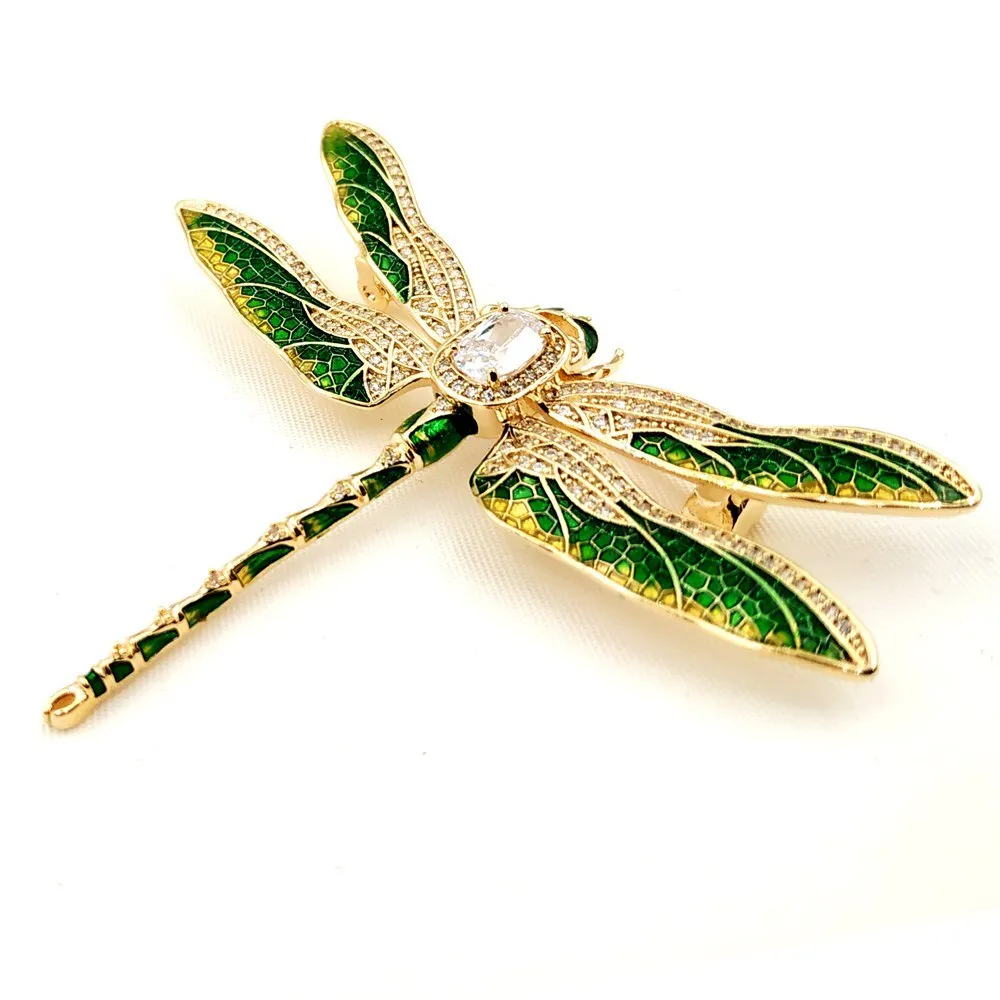 Jewelblings Vintage Green Enameled Oversize Dragonfly Brooches Gold Tone Micro Pave Crystal Winged Big Dragonfly Pins Unisex Insect Jewelry