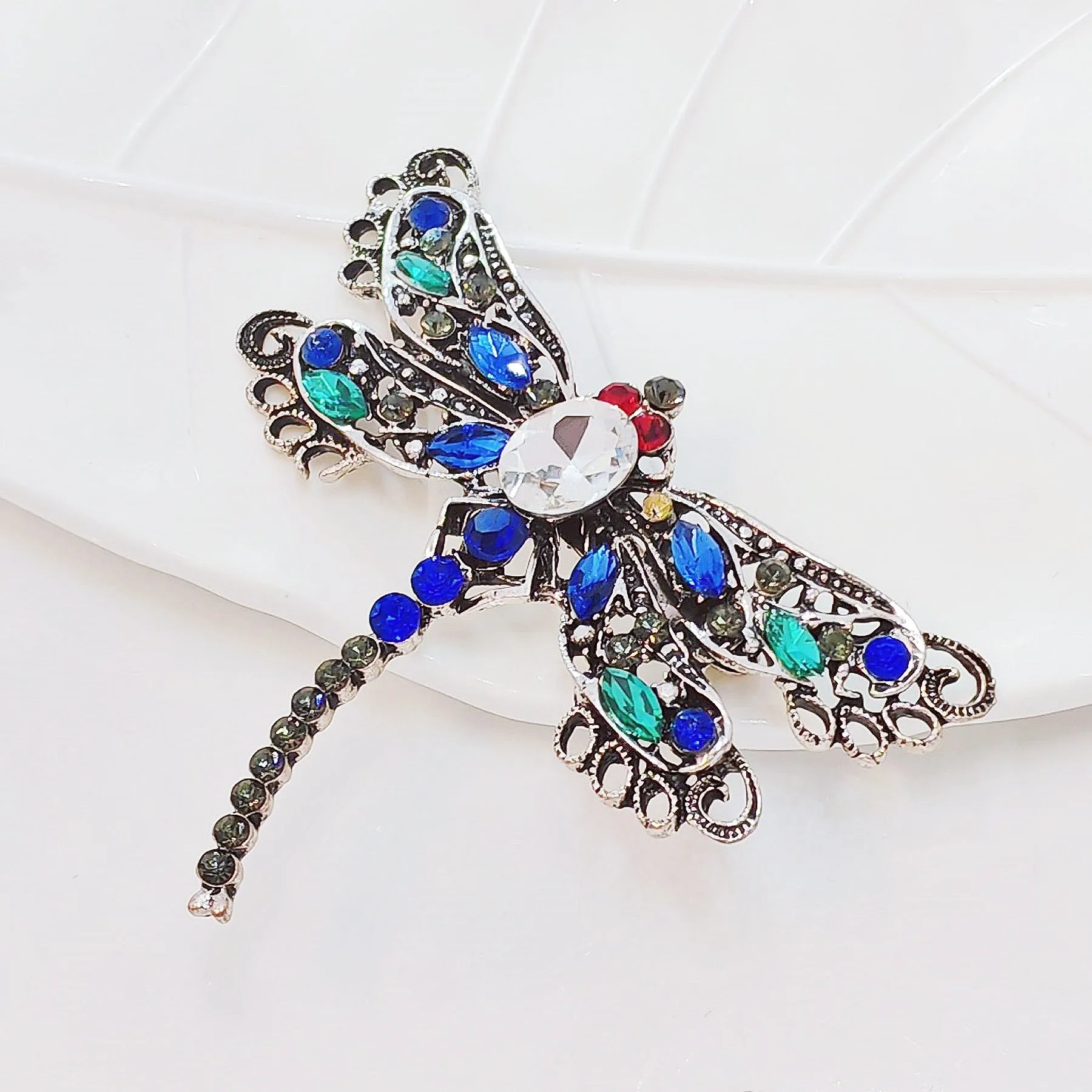 Jewelblings Vintage Red Eyes Green Blue Crystal Filigree Dragonfly Brooches Pins Statement Insect Jewelry