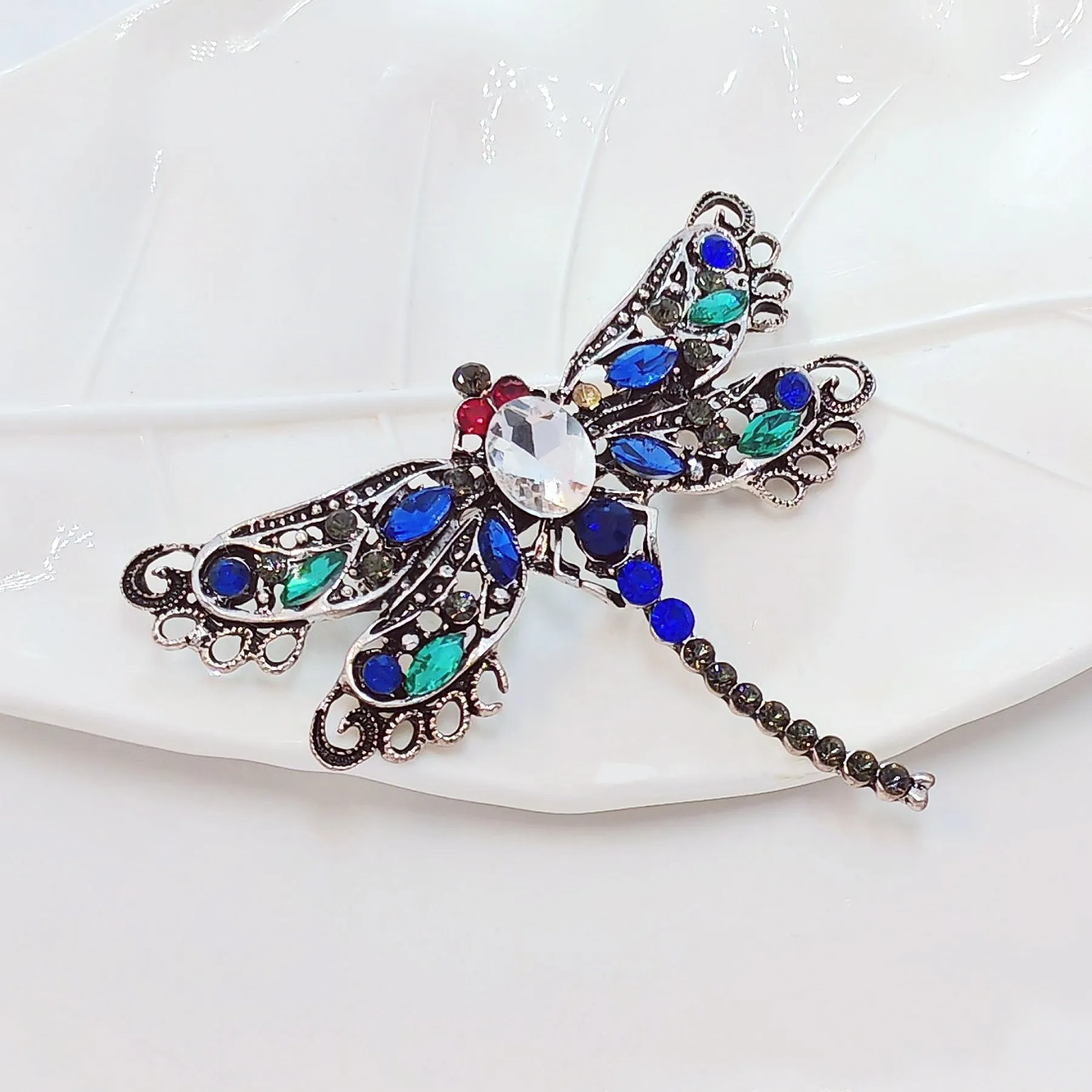 Jewelblings Vintage Red Eyes Green Blue Crystal Filigree Dragonfly Brooches Pins Statement Insect Jewelry