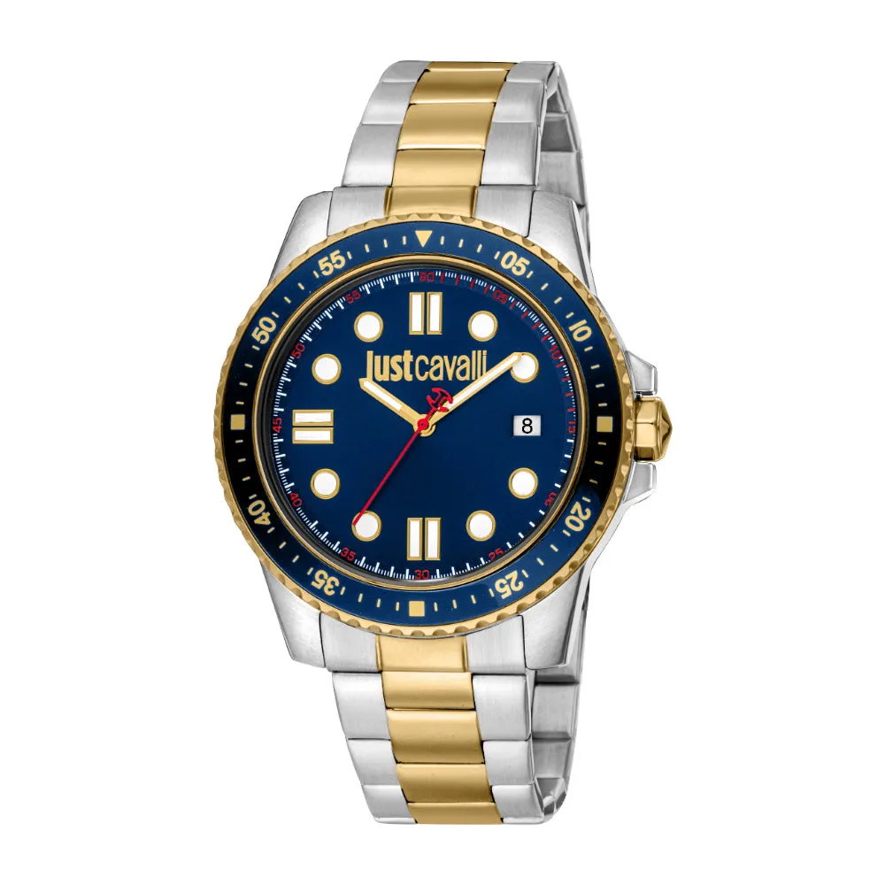 Just Cavalli Men's Two Tone Silver & Gold Color Watch with Dark Blue Dial