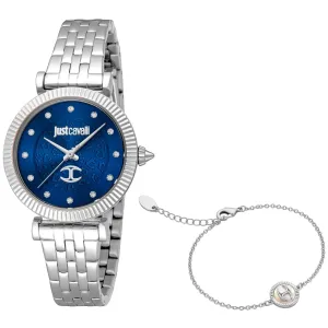 Just Cavalli Unleashed Ladies Blue Dial Silver Watch and Bracelet Set