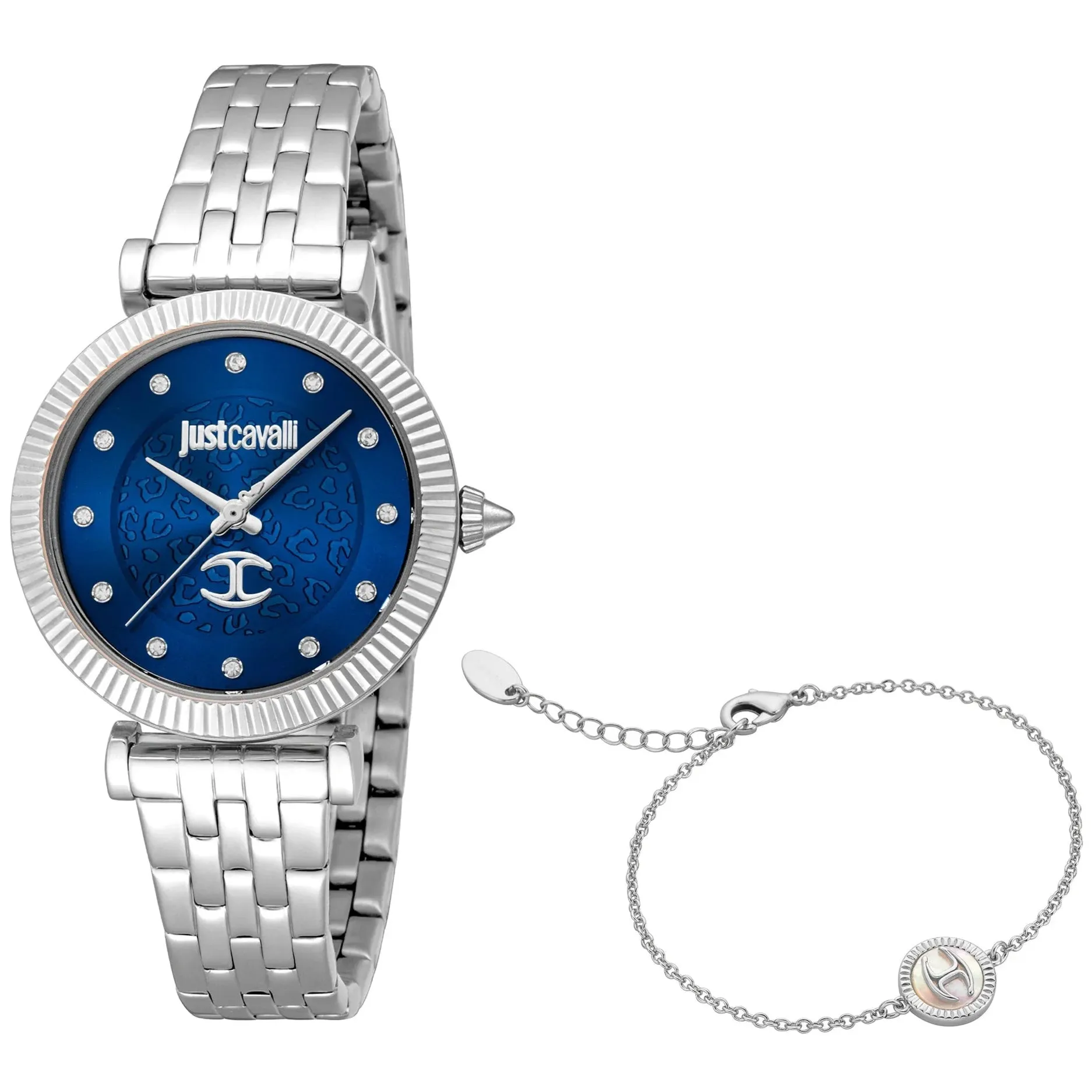 Just Cavalli Unleashed Ladies Blue Dial Silver Watch and Bracelet Set