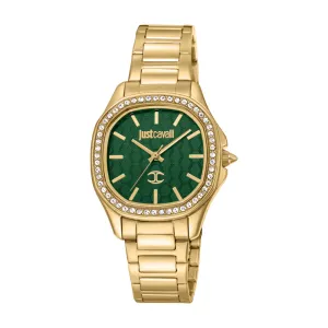Just Cavalli Women's Gold Watch with Dark Green Dial and Metal Bracelet
