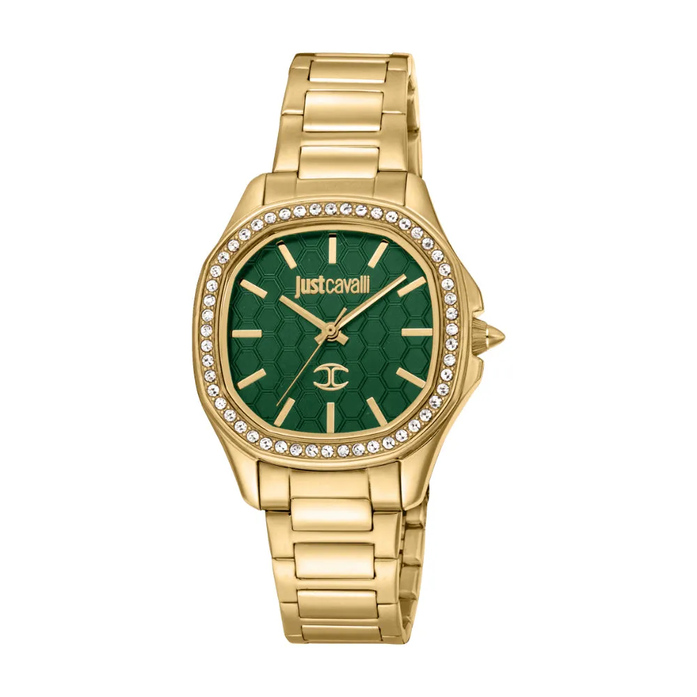 Just Cavalli Women's Gold Watch with Dark Green Dial and Metal Bracelet