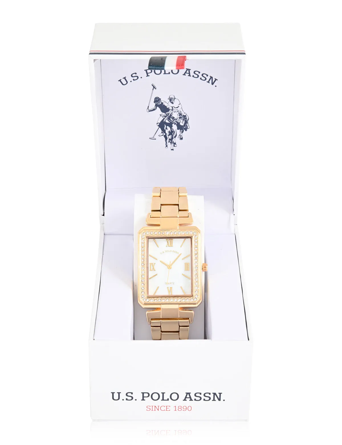 LADIES GOLD SQUARE FACE EMBELLISHED WATCH