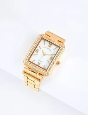 LADIES GOLD SQUARE FACE EMBELLISHED WATCH